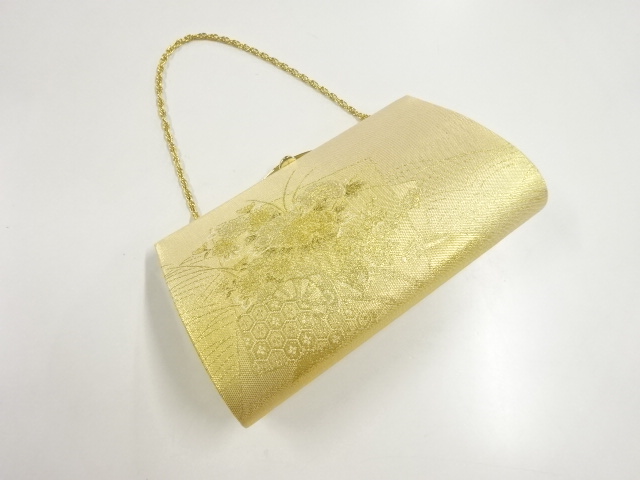 リサイクル　金糸色紙に花車模様織り出し和装バッグ